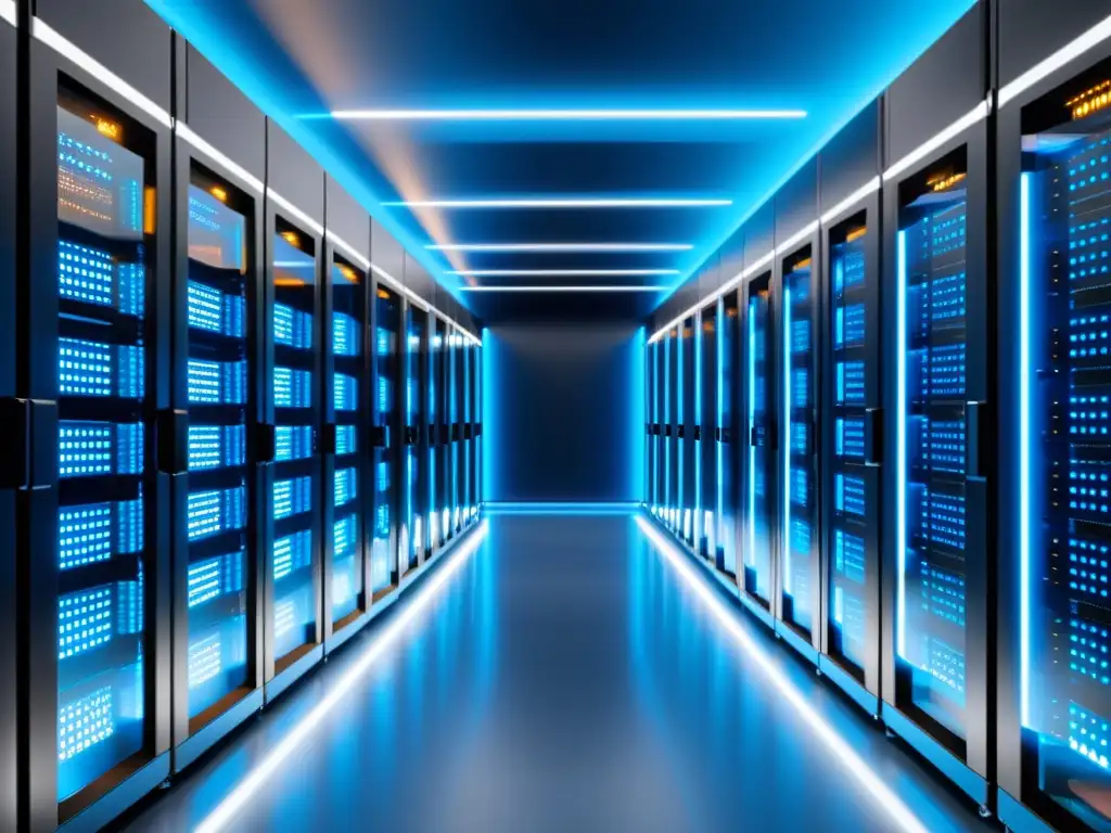 Centro de datos moderno con servidores organizados en azul Un centro de datos moderno y ordenado con servidores brillantes, iluminado por luces LED futuristas