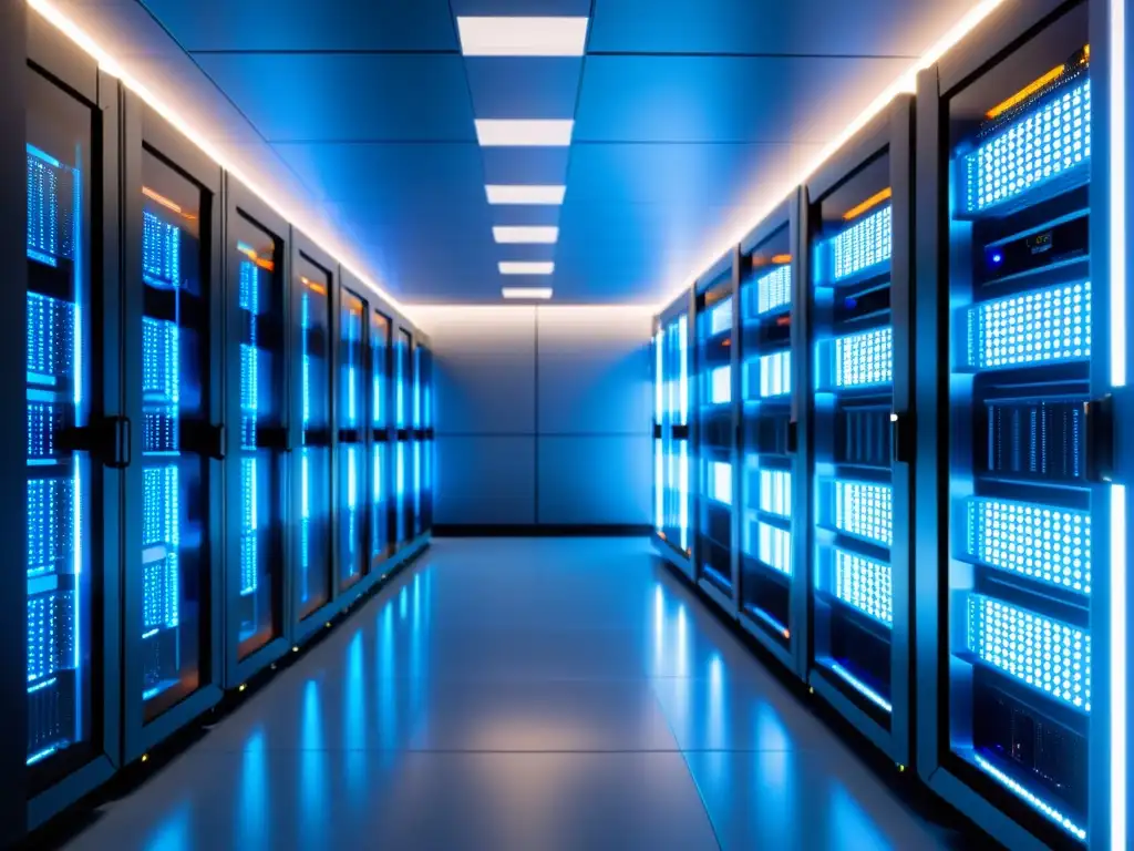 Centro de datos de vanguardia: orden y fiabilidad Un centro de datos moderno y ordenado con servidores brillantes, bañados en luz azul