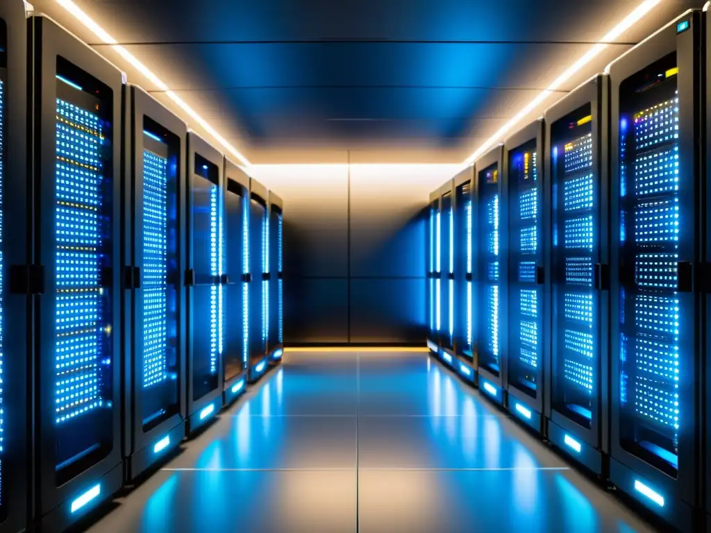 Centro de datos de alta tecnología: Servidores modernos y fiables Un centro de datos moderno y ordenado con servidores brillantes, tecnología de vanguardia y servicios adicionales hosting CDN firewall