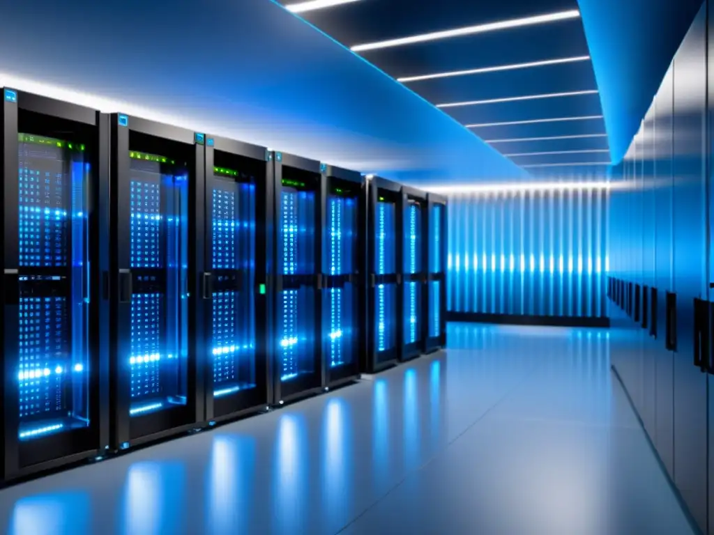 Un centro de datos moderno y ordenado, bañado en una luz azul fresca
