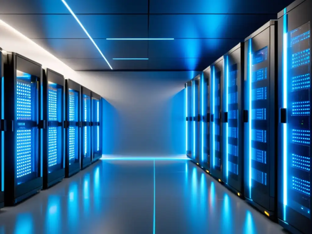 Centro de datos moderno y eficiente con servidores de alta tecnología Un centro de datos moderno y pulido con servidores ordenados y tecnología de vanguardia, ideal para elegir el mejor tipo de alojamiento web