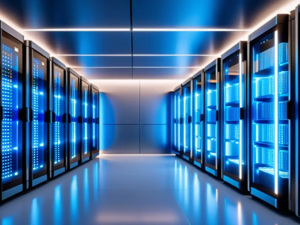 Centro de datos futurista: tecnología de vanguardia para negocios en línea Un centro de datos moderno, repleto de elegantes estantes metálicos de servidores con luces LED parpadeantes y sistemas de enfriamiento