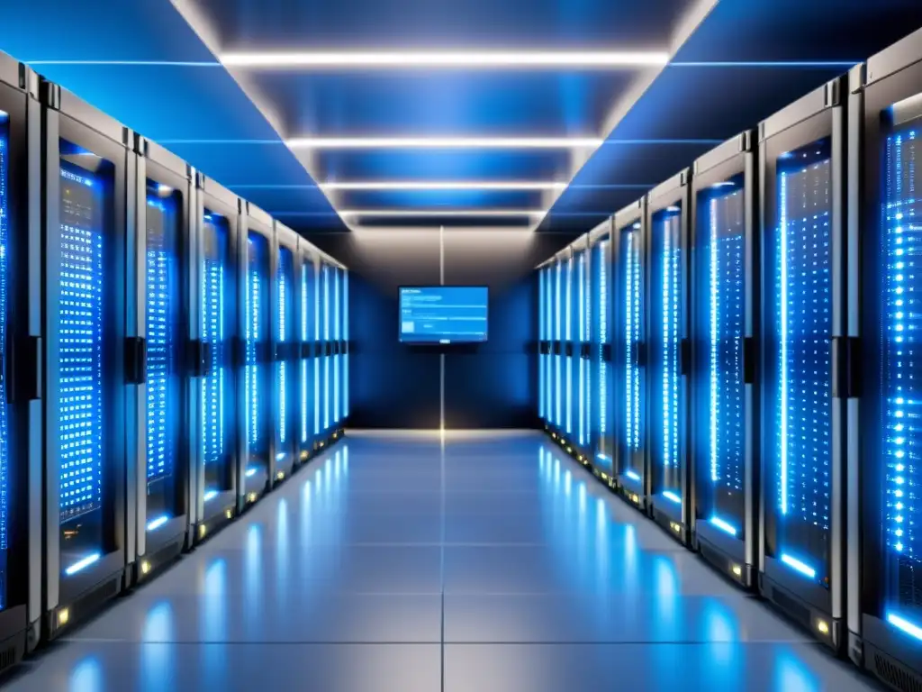 Centro de datos moderno y seguro con servidores futuristas y luces azules Un centro de datos moderno y seguro, con servidores organizados y luces azules y blancas