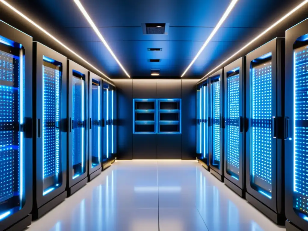 Centro de datos futurista con servidores de alta seguridad Centro de datos moderno y seguro con servidores alineados y avanzadas medidas de seguridad para hosting de ecommerce
