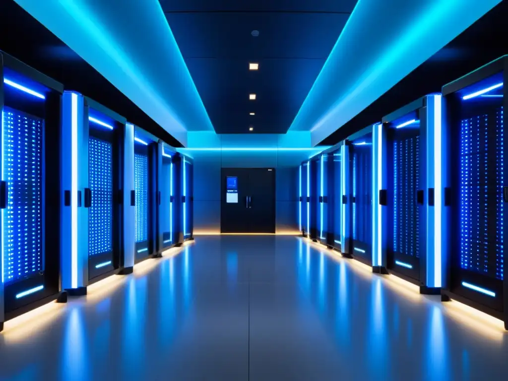 Centro de datos moderno y seguro con tecnología de vanguardia Un centro de datos moderno y seguro para hosting WordPress, con iluminación azul futurista y medidas avanzadas contra ataques DDoS