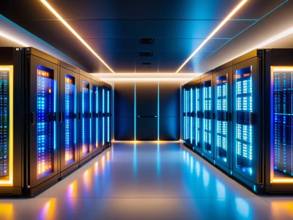 Centro de datos ultramoderno: servidores de alta tecnología Un centro de datos moderno con servidores futuristas organizados, cables coloridos y luces LED parpadeantes