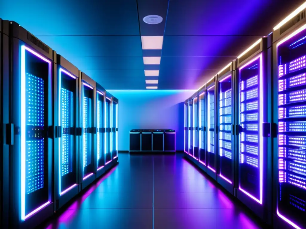Centro de datos futurista: tecnología de vanguardia Un centro de datos moderno con servidores organizados en un entorno futurista, iluminado por luces azules y moradas