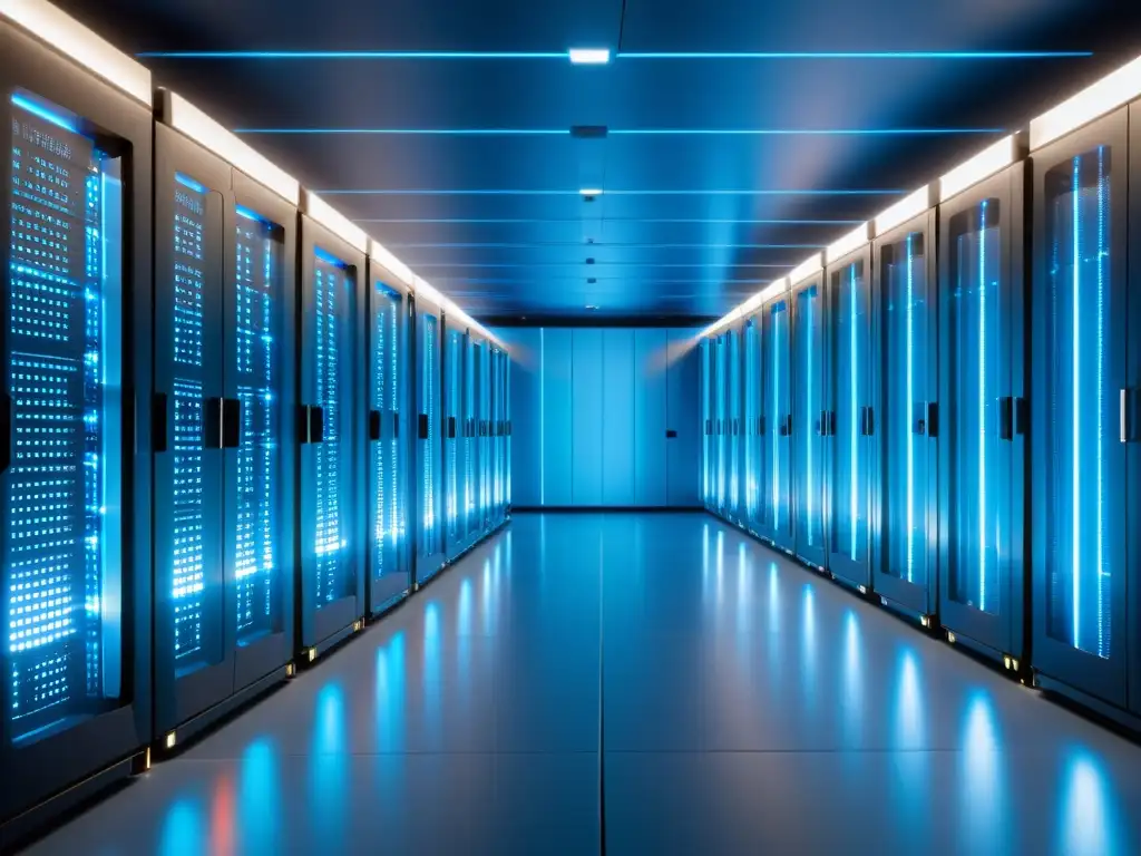 Centro de datos futurista con servidores metálicos y cables de fibra óptica Un centro de datos moderno con servidores metálicos organizados, conectados por cables ópticos