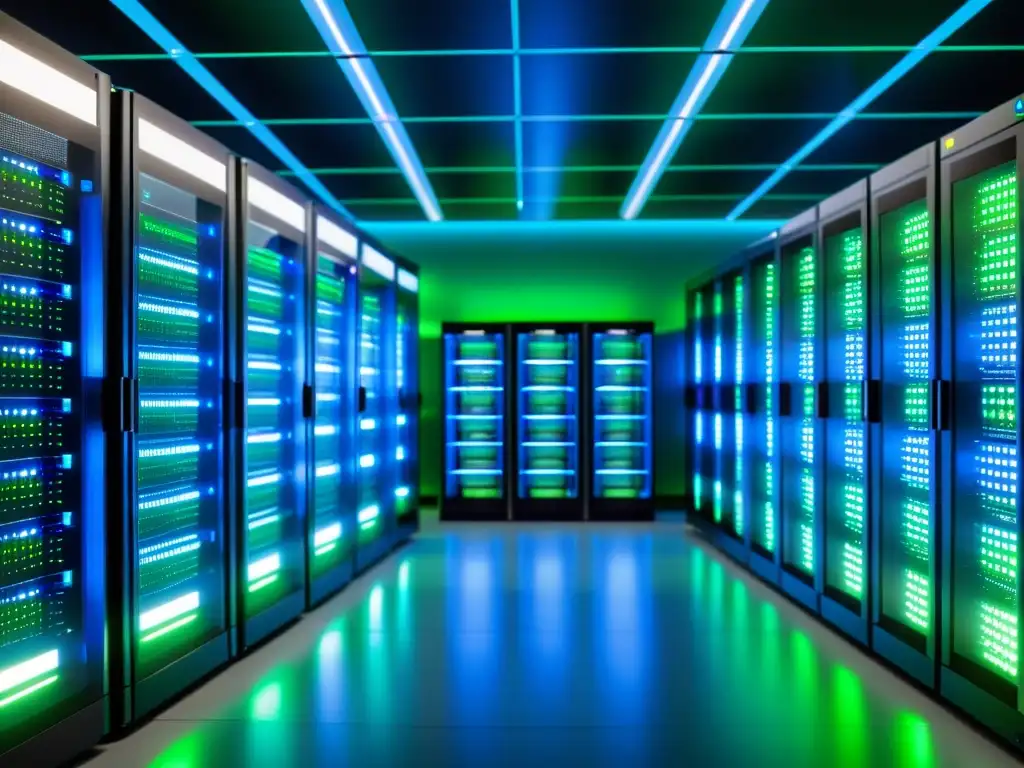 Centro de datos moderno con servidores organizados y luces azules y verdes Un centro de datos moderno con servidores organizados y luces azules y verdes