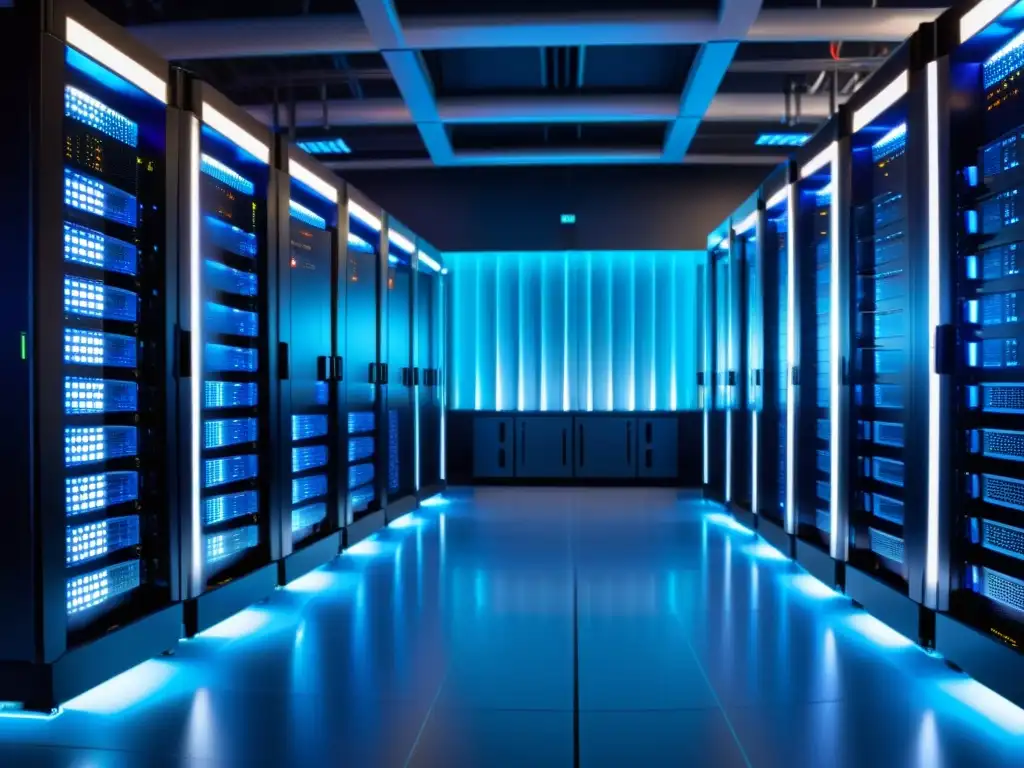 Centro de datos moderno y futurista con técnicos trabajando Un centro de datos moderno con servidores ordenados y luces LED parpadeantes