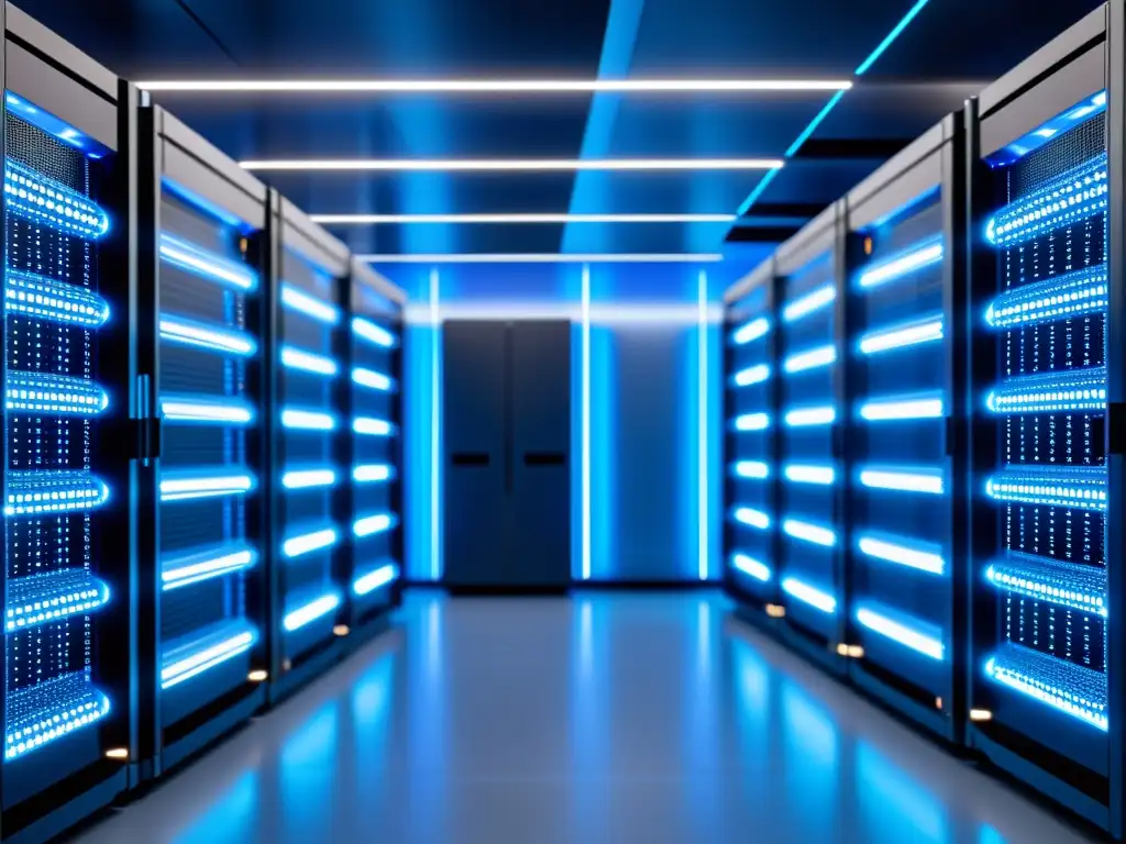 Centro de datos ultramoderno: servidores futuristas en 8k Un centro de datos moderno con servidores futuristas en un ambiente azul