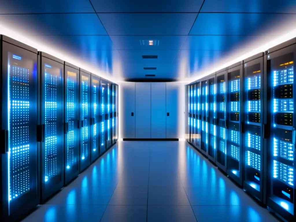 Centro de datos de alta tecnología: eficiencia y conectividad global Un centro de datos moderno con servidores y equipo de red avanzado bañado en una luz azul suave