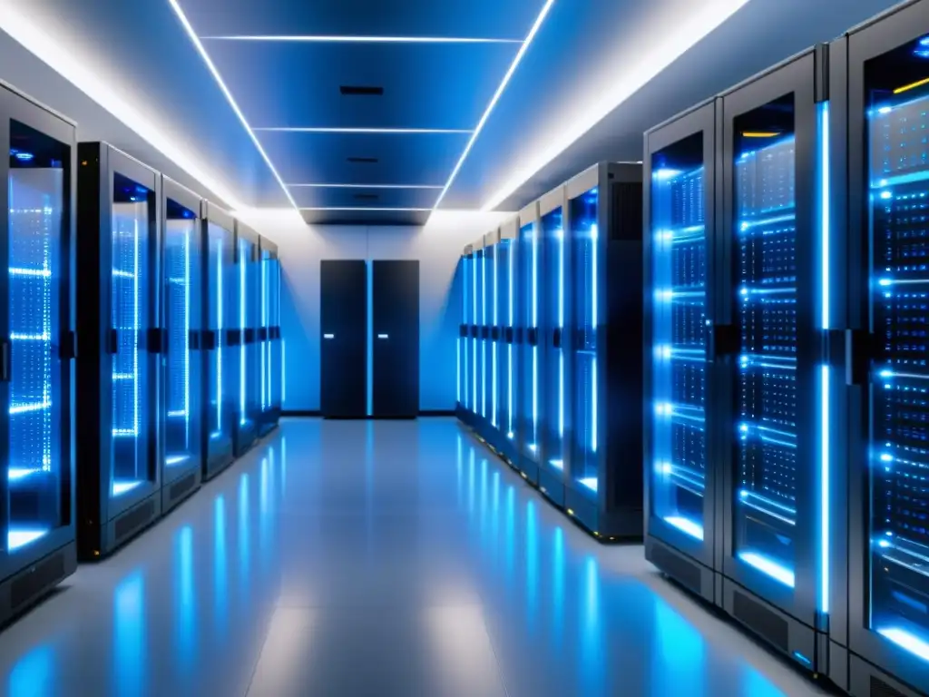 Centro de datos de vanguardia: eficiencia y seguridad Un centro de datos moderno con servidores organizados y un equipo de técnicos, ideal para el mejor hosting reseller para negocios