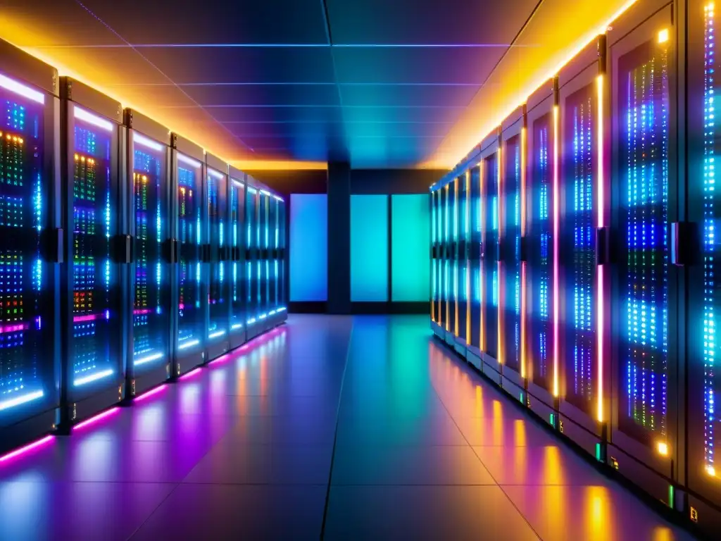 Centro de datos moderno: servidores potentes y eficientes Un centro de datos moderno con servidores brillantes, representando el mejor tipo de alojamiento web elegir