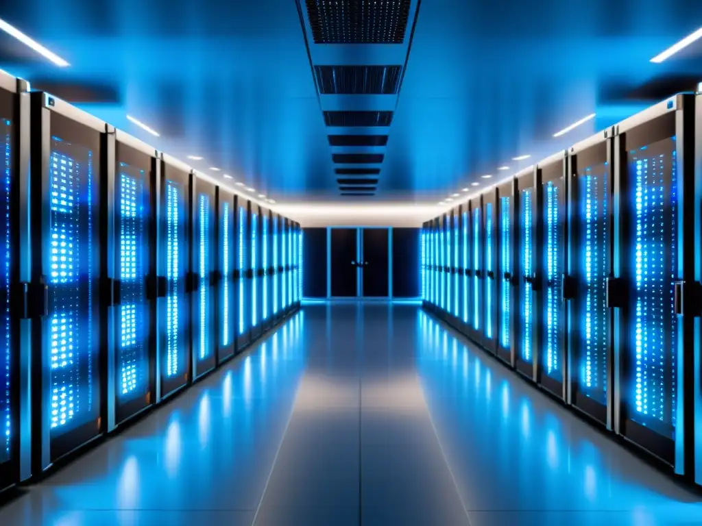 Centro de datos moderno: servidores ordenados en azul Centro de datos moderno con servidores organizados y bañados en luz azul, destacando el hosting de calidad para SEO