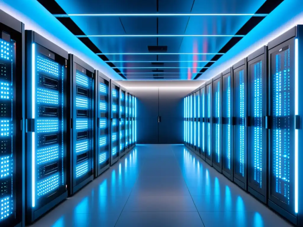 Centro de datos ultradetallado: servidores metálicos en fila con luces LED parpadeantes y hologramas futuristas de protección de datos Centro de datos moderno con servidores metálicos en filas ordenadas, bañado en luz azul, reflejando eficiencia y seguridad tecnológica