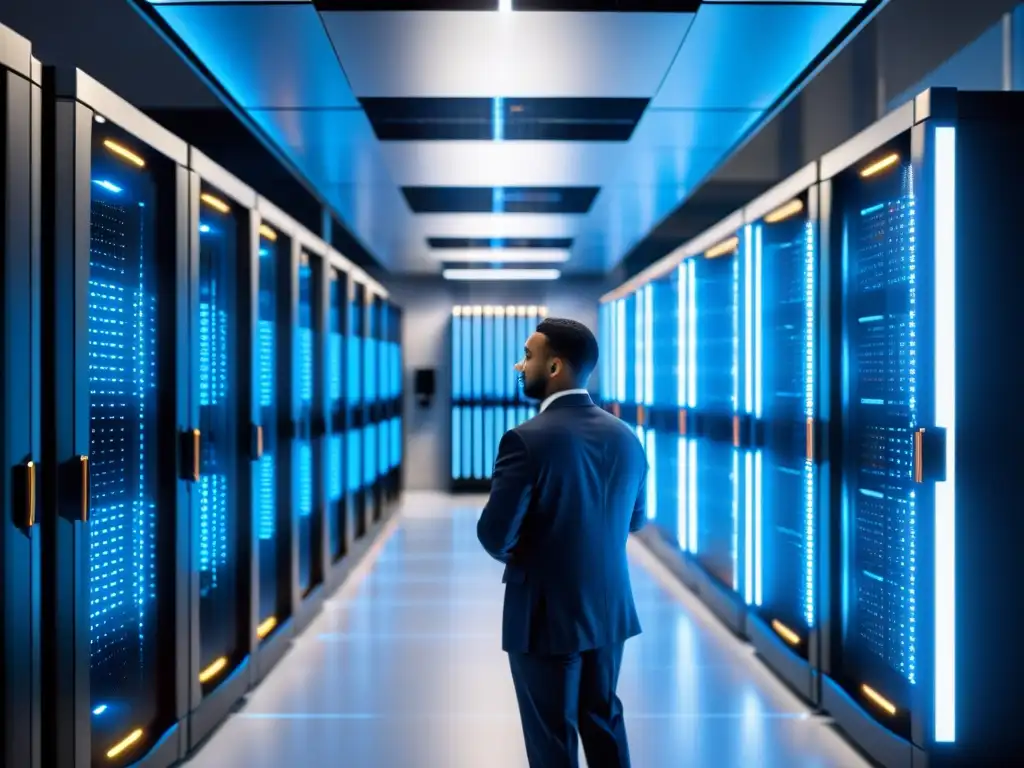 Centro de datos de alta tecnología con servidores brillantes y equipo trabajando Un centro de datos moderno con servidores brillantes y técnicos trabajando, resaltando las Ventajas del hosting con contenedores Docker