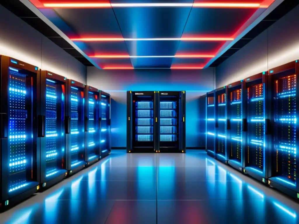 Centro de datos moderno y eficiente con servidores organizados en racks Un centro de datos moderno con servidores organizados en racks, iluminados con luces LED