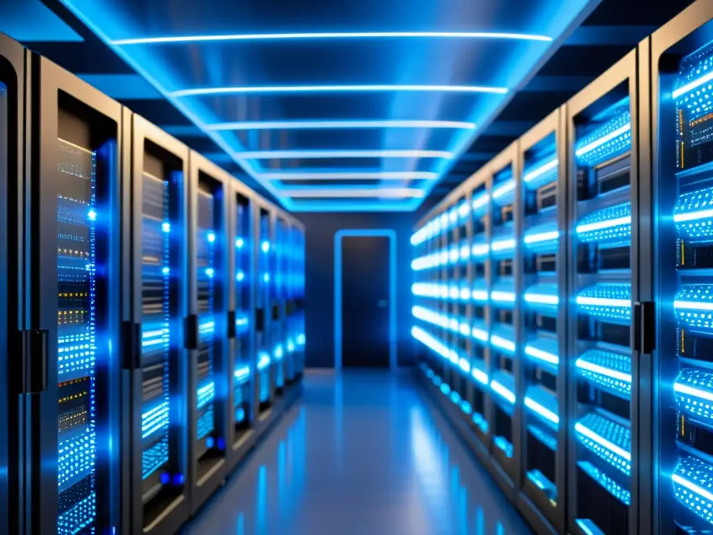 Sala de servidores futurista: tecnología de vanguardia y eficiencia Un centro de datos moderno con servidores metálicos y luces LED, en un ambiente futurista y eficiente