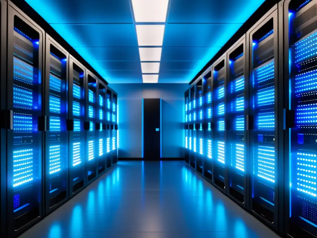 Centro de datos futurista: servidores negros con luces LED Centro de datos moderno con servidores negros y luces LED vibrantes