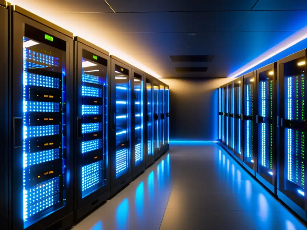 Data center de última generación: eficiencia y tecnología punta Un centro de datos moderno con servidores de alta tecnología, iluminación LED vibrante y un ambiente impecable