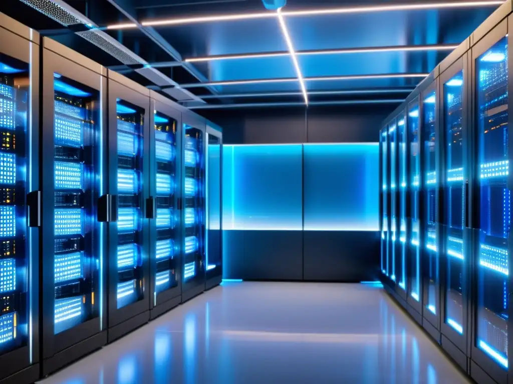 Centro de datos futurista con servidores metálicos y vista urbana Centro de datos moderno con servidores metálicos, luces LED azules y una atmósfera futurista