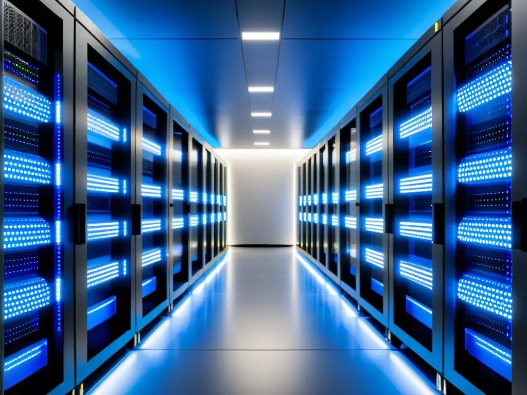 Centro de Datos de Alta Tecnología: Infraestructura de Hosting Confiable Un centro de datos moderno y sofisticado con servidores organizados, iluminado con luces LED azules y blancas