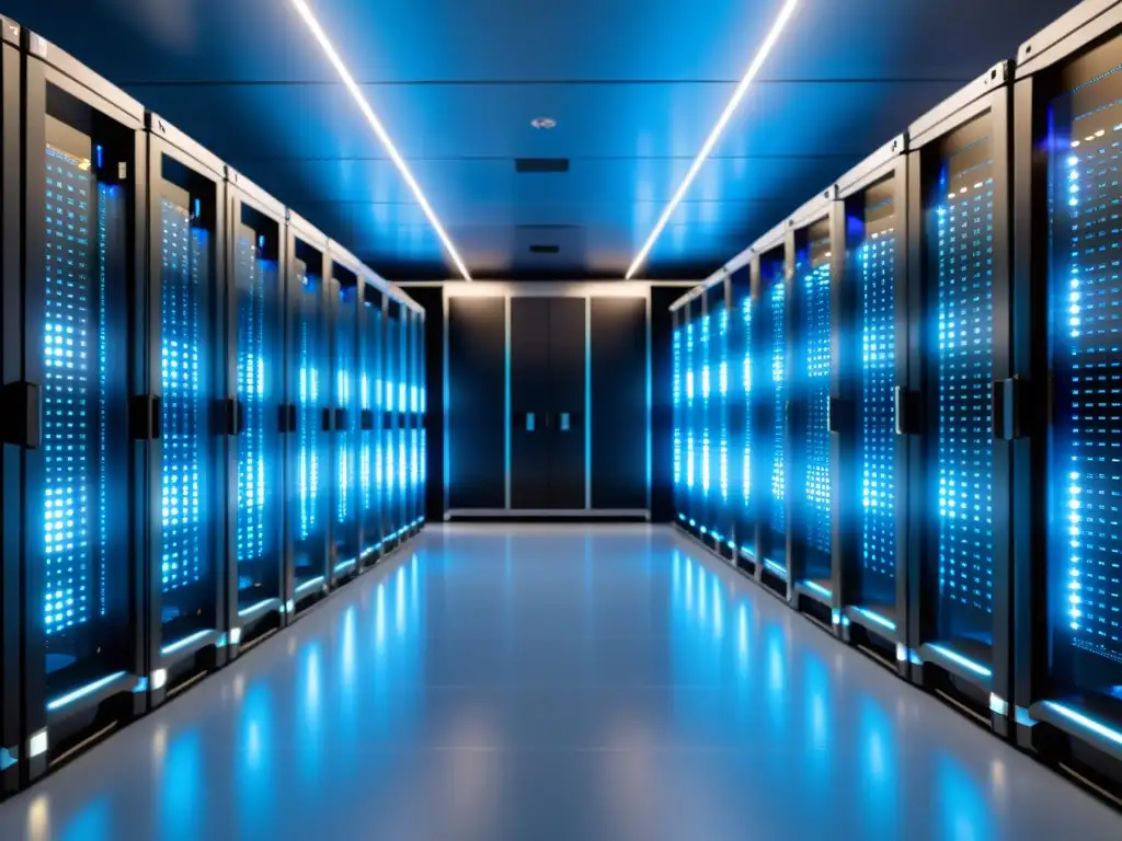 Centro de datos futurista con servidores brillantes Un centro de datos moderno y sofisticado con servidores brillantes, reflejando el alojamiento en contenedores con Docker