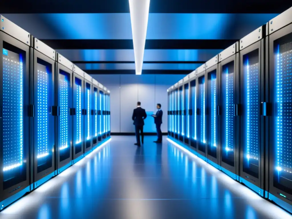 Centro de datos moderno: tecnología de vanguardia y fiabilidad Un centro de datos moderno con técnicos realizando tareas de mantenimiento