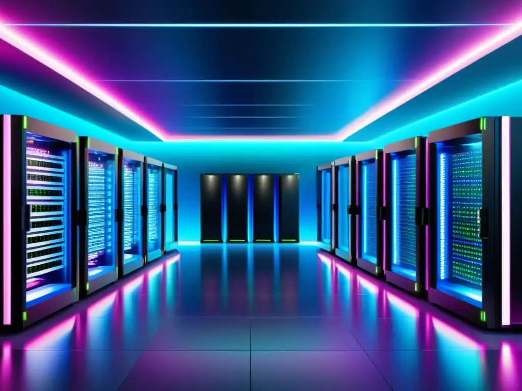 Centro de datos de alta tecnología: eficiencia y profesionalismo Un centro de datos moderno y vibrante con servidores ordenados en una sala futurista, iluminada y eficiente