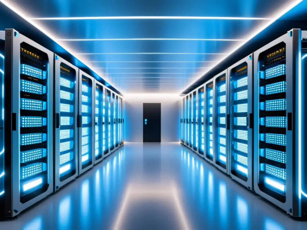 Centro de Datos Seguro: Innovación y Precisión en 8k Un centro de datos seguro, con servidores ordenados y luces azules