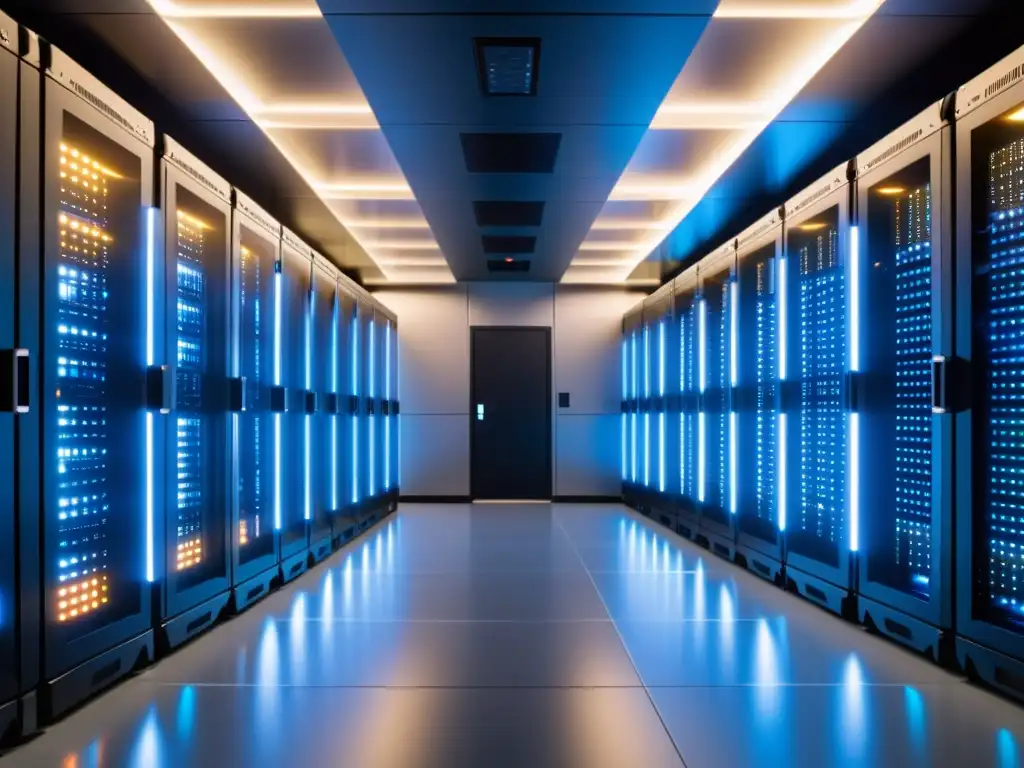 Centro de datos ultradetallado: seguridad y tecnología de vanguardia Un centro de datos seguro y ultradetallado con servidores y medidas de seguridad de alta tecnología