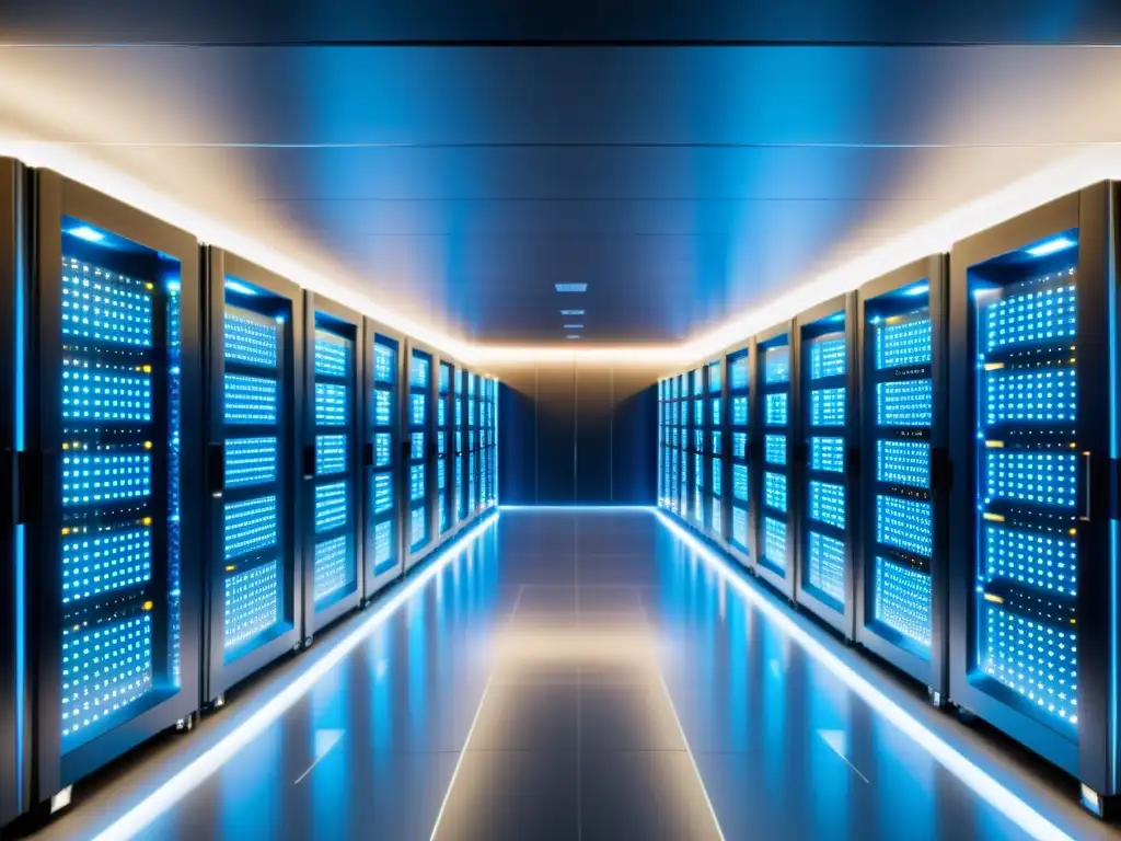 Data Center Futurista con Servidores de Última Generación Un centro de datos de última generación con servidores alineados, tecnología avanzada y optimización del consumo energético en acción