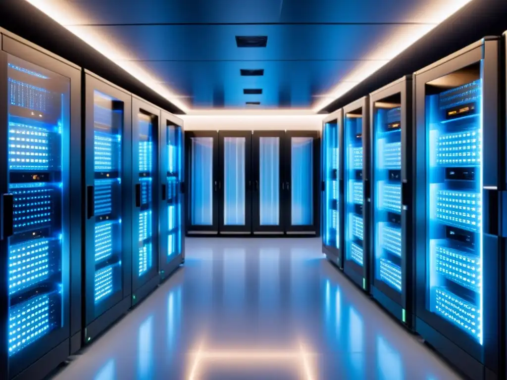 Centro de datos futurista con servidores pulsantes en azul Un centro de datos con servidores futuristas brillando en azul, conectados por cables de fibra óptica