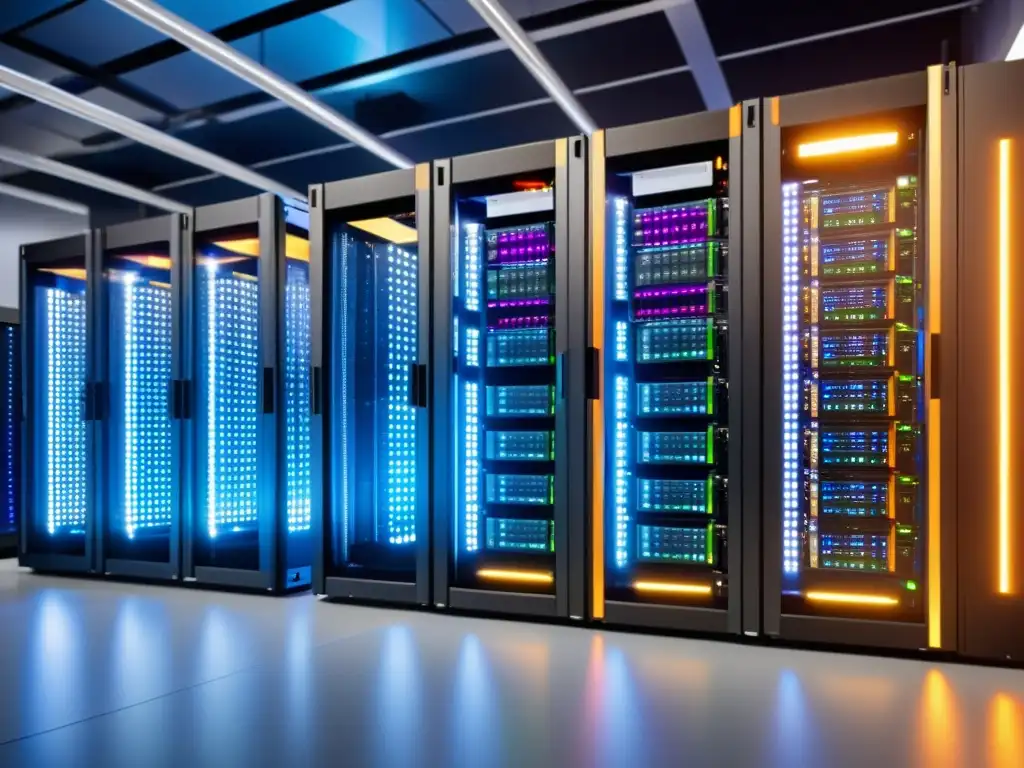 Centro de datos de alta tecnología: Eficiencia y vanguardia Un centro de datos de última generación con servidores ordenados y luces LED vibrantes