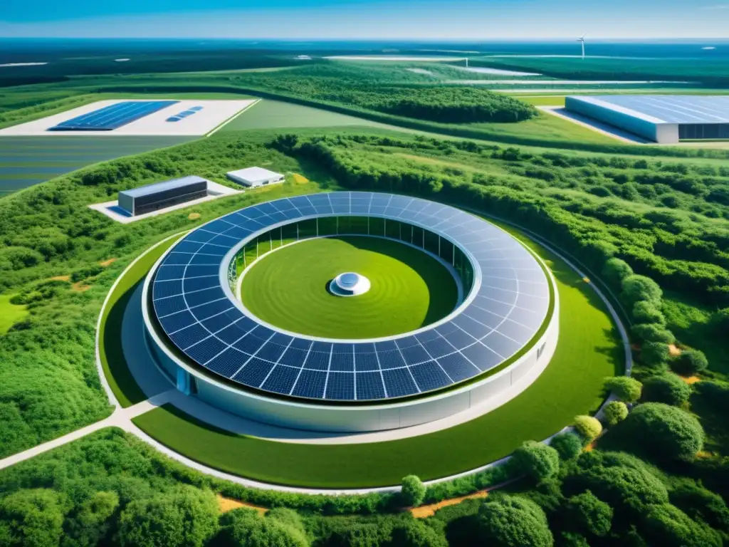 Centro de datos sostenible en entorno natural 8K Un centro de datos sostenible y moderno se integra en un paisaje verde, simbolizando alianzas estratégicas para hosting ecológico