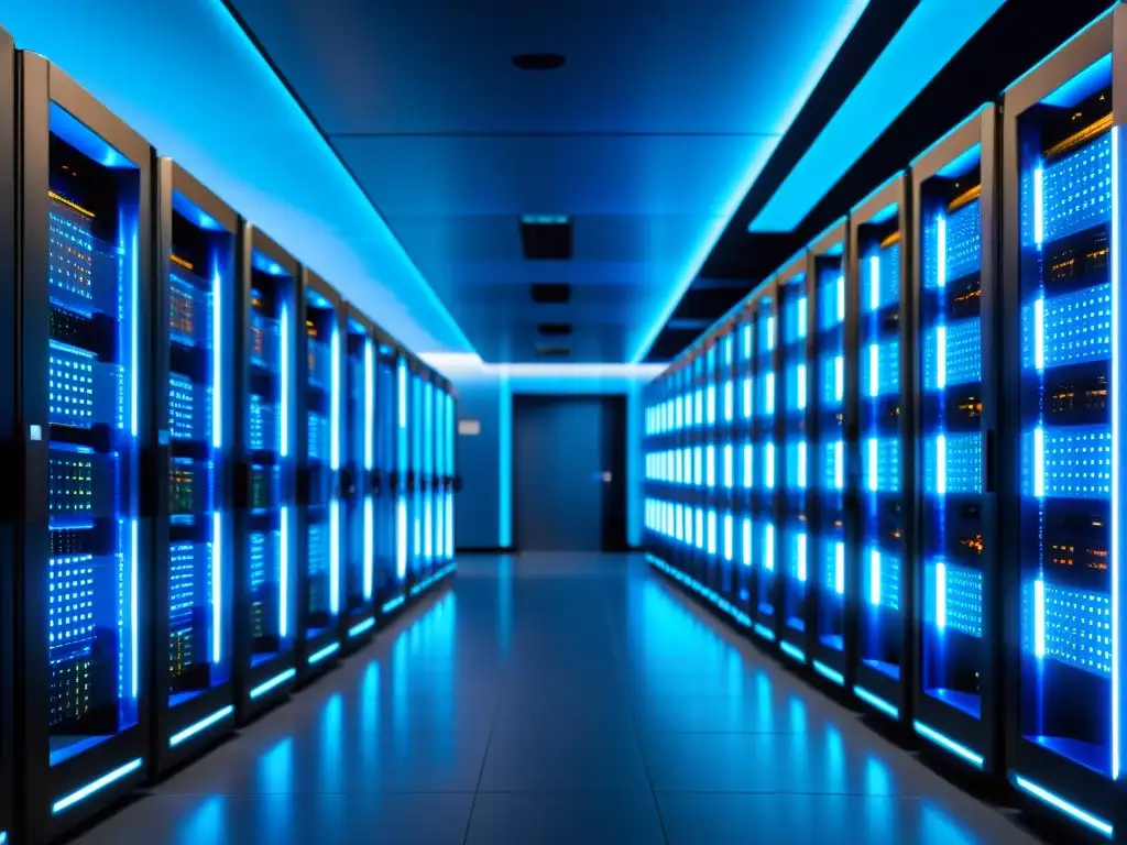Centro de datos futurista iluminado con azul Un centro de datos ultramoderno con hileras de elegantes racks de servidores futuristas, bañados por una luz azul, emitiendo poder e inteligencia