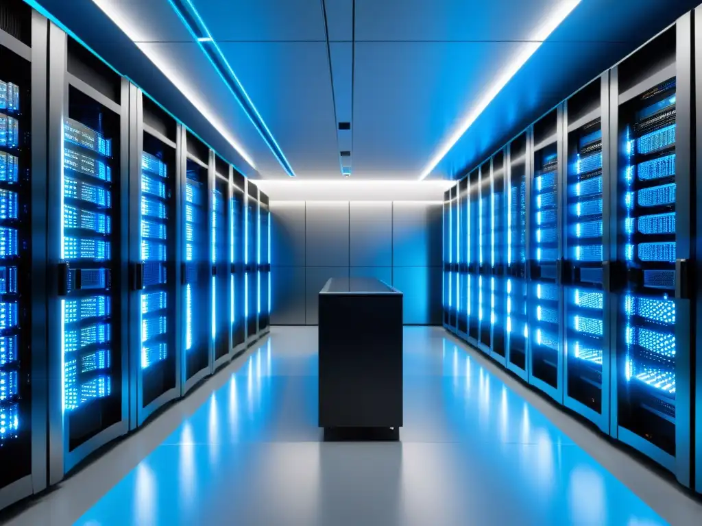 Centro de datos de vanguardia: optimización para Magento Centro de datos ultramoderno con racks de servidores organizados y bañados por una suave luz azul