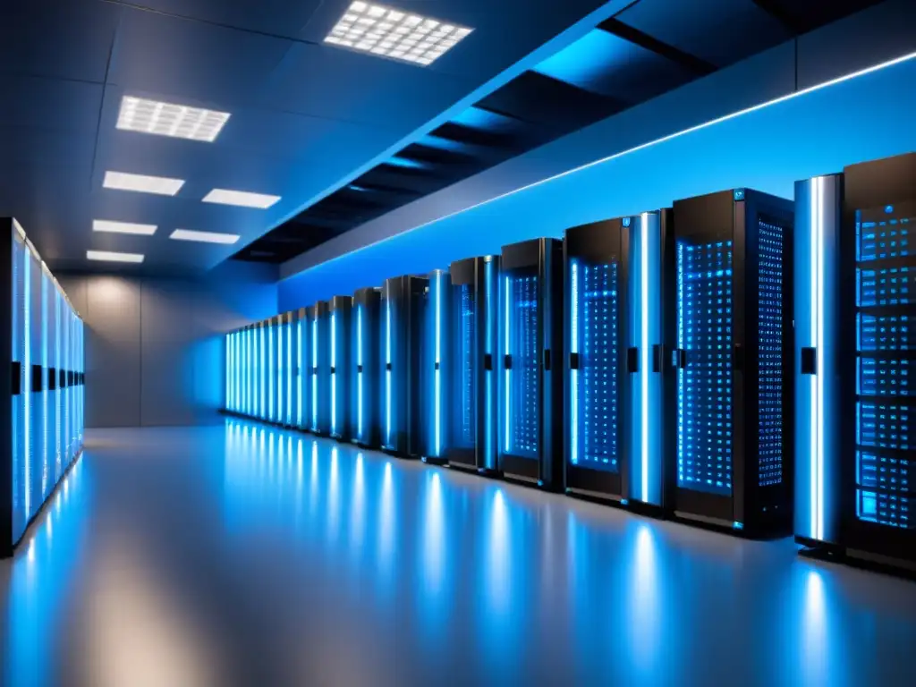 Centro de datos de última generación: modernidad y fiabilidad en un vistazo Un centro de datos de vanguardia con filas de servidores y luces azules, evocando modernidad y confiabilidad