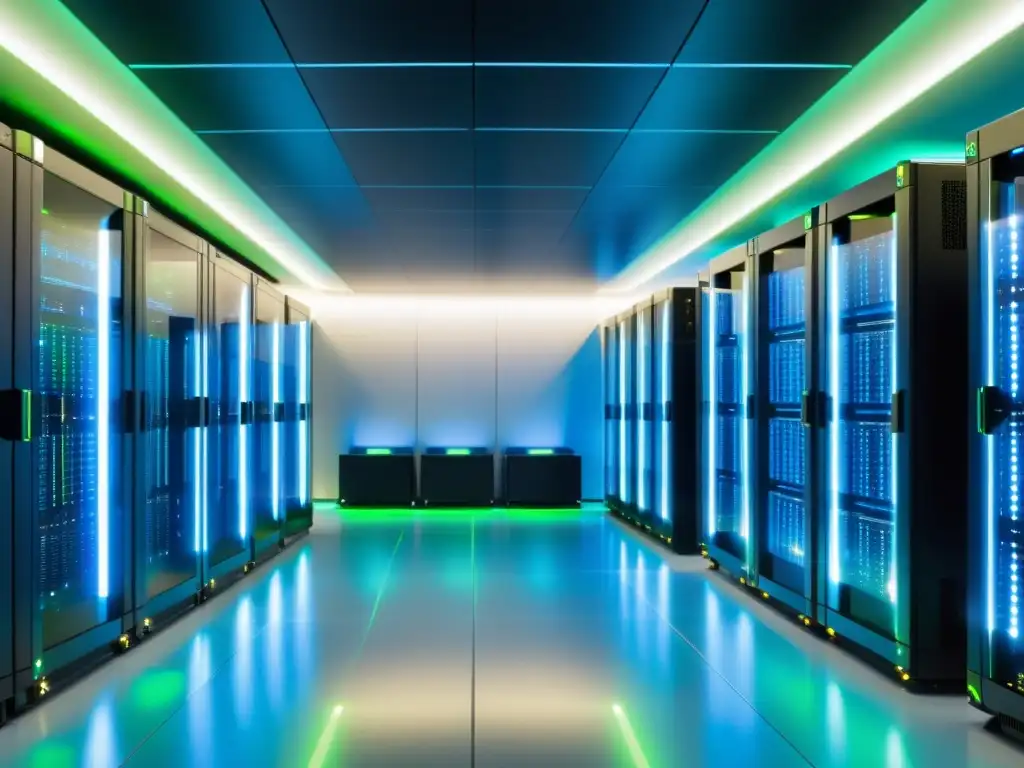 Centro de datos de alta tecnología: eficiencia y vanguardia Un centro de datos de vanguardia con servidores brillantes y técnicos vigilando, irradiando eficiencia y tecnología