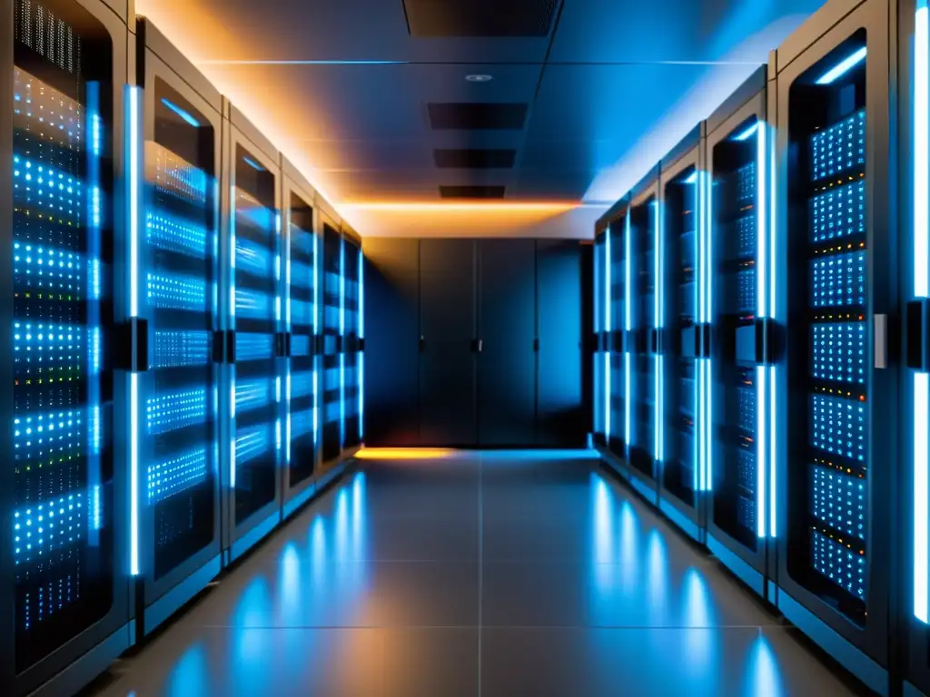 Centro de datos de vanguardia: servidor moderno en ambiente minimalista Un centro de datos vanguardista con elegantes servidores futuristas bajo una suave iluminación ambiental, reflejando precisión y sofisticación