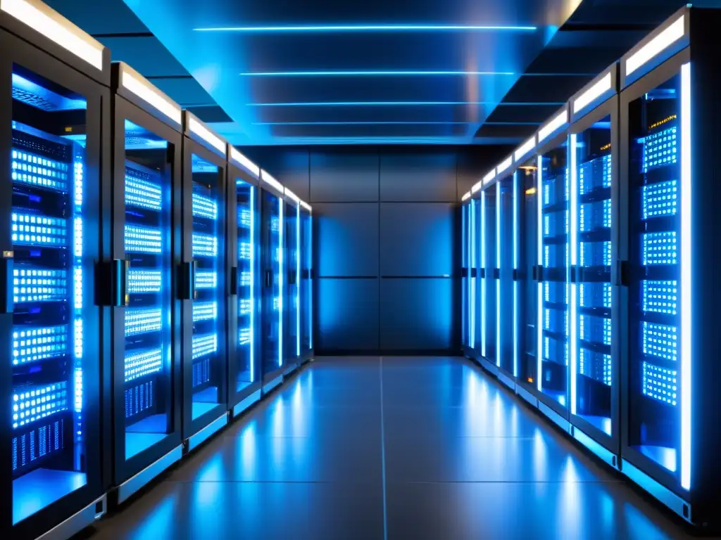 Sala de servidores futurista y eficiente con luces azules Un centro de servidores futurista y eficiente iluminado con un suave resplandor azul