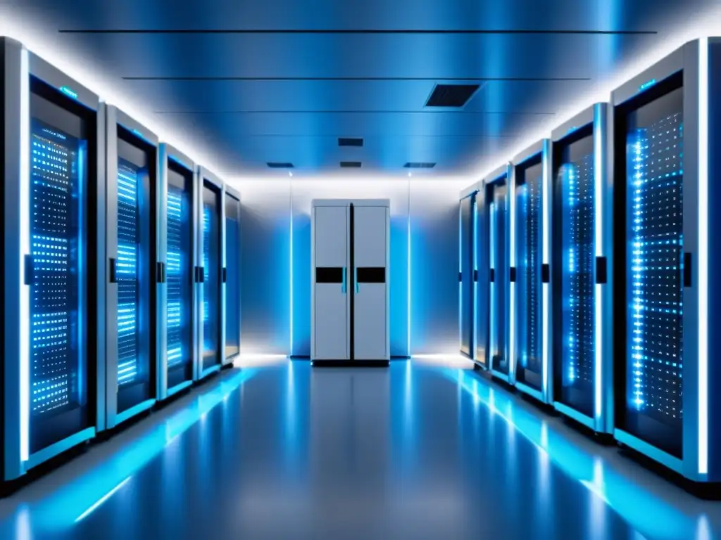 Un centro de servidores futurista iluminado en azul y blanco, evocando tecnología avanzada y confiabilidad