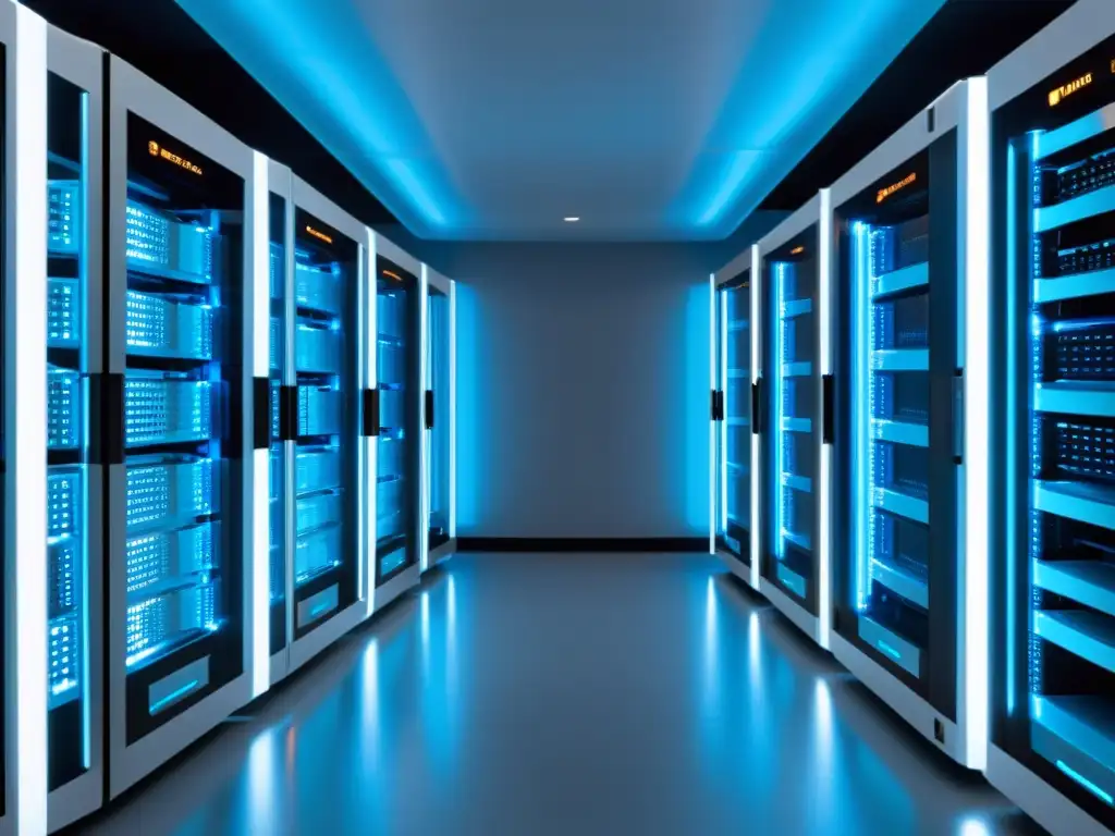 Sala de servidores futurista con luces azules Un centro de servidores futurista iluminado con luces azules, reflejándose en un suelo blanco brillante