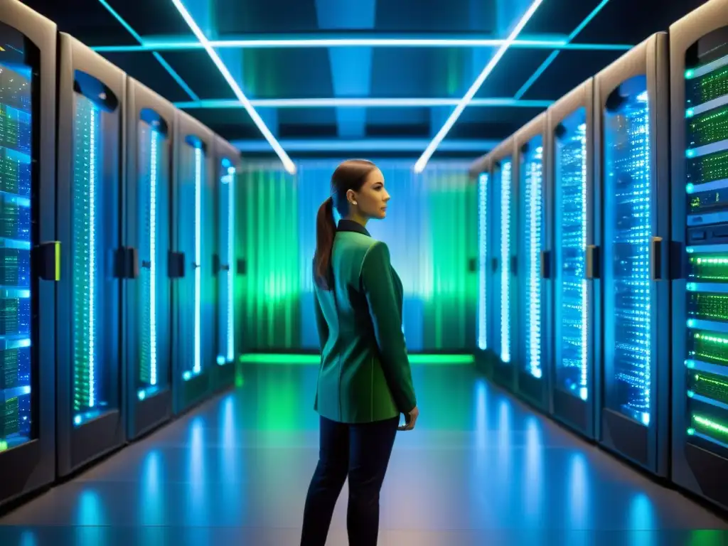 Centro de servidores futurista: tecnología avanzada y eficiencia Un centro de servidores futurista con luces azules y verdes, equipo monitoreando el rendimiento, ideal para mejorar rendimiento hosting Big Data