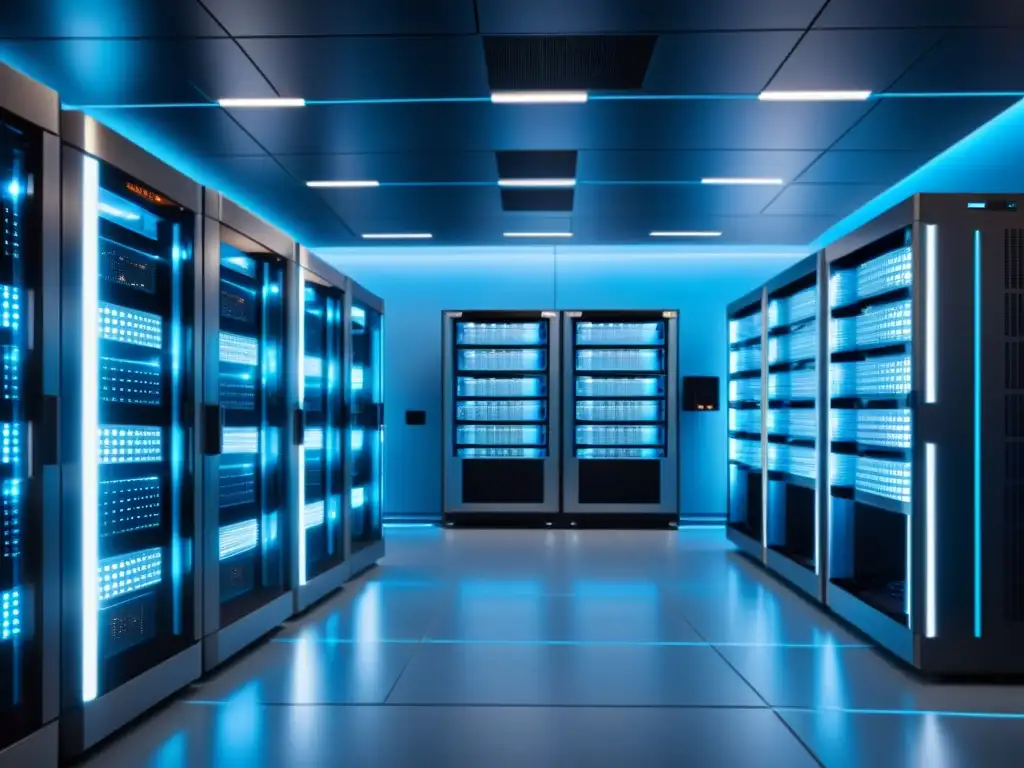 Sala de servidores ultradetallada: tecnología avanzada y seguridad Un centro de servidores futurista con luces azules, técnicos trabajando y un enfoque en seguridad en hosting para ecommerce