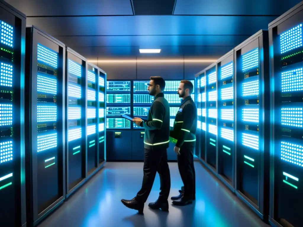 Sala de servidores futurista con tecnología avanzada y equipo de ingenieros Centro de servidores futurista con luces LED azules y verdes, ingenieros trabajando