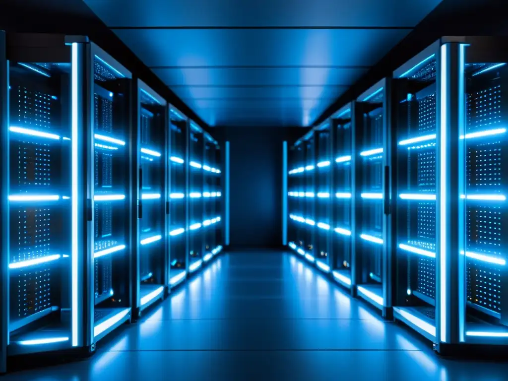 Sala de servidores futurista: eficiencia y fiabilidad Un centro de servidores futurista y ordenado emite una suave luz azul, transmitiendo profesionalismo y confiabilidad para la optimización SEO