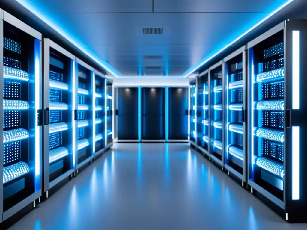 Centro de servidores futurista: tecnología avanzada en un entorno impecable Un centro de servidores futurista con racks metálicos organizados, iluminado por luces LED azules y blancas