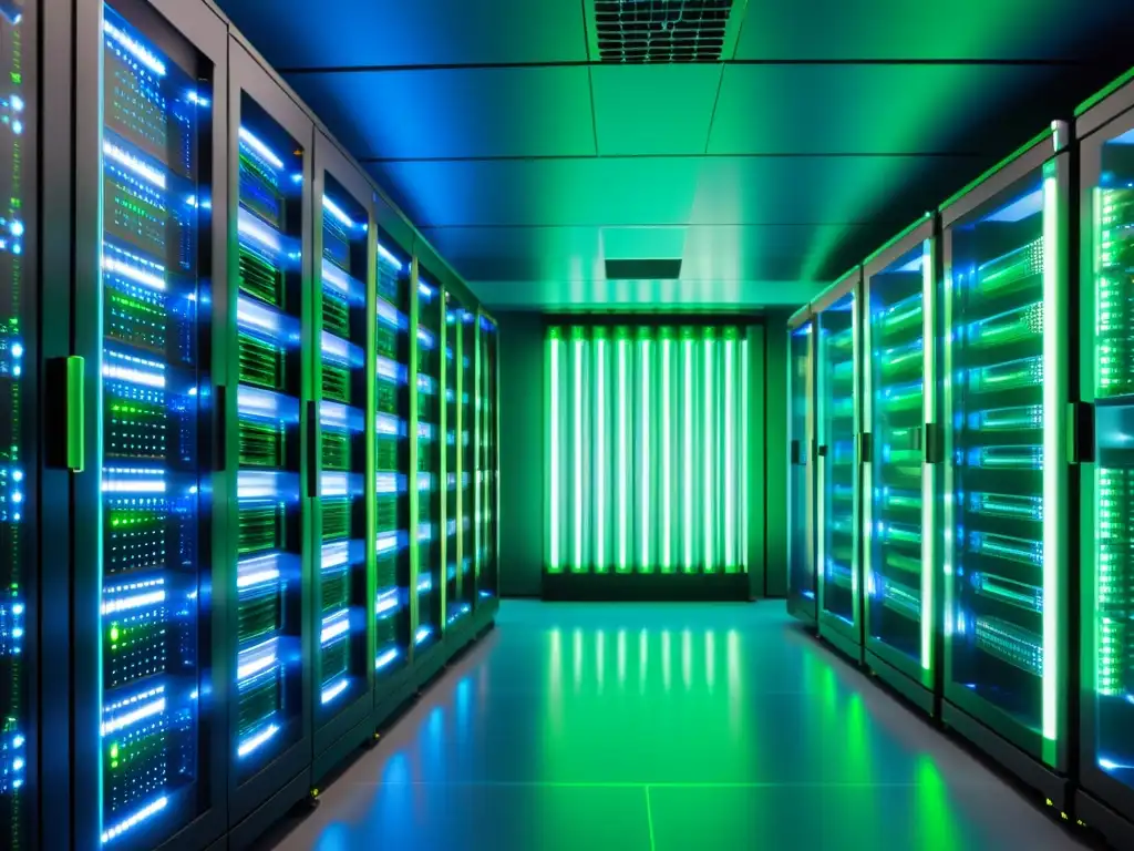 Centro de servidores ultramoderno para web hosting seguro Un centro de servidores futurista y seguro con luces verdes y azules parpadeantes, cables de alta tecnología y fibra óptica brillante